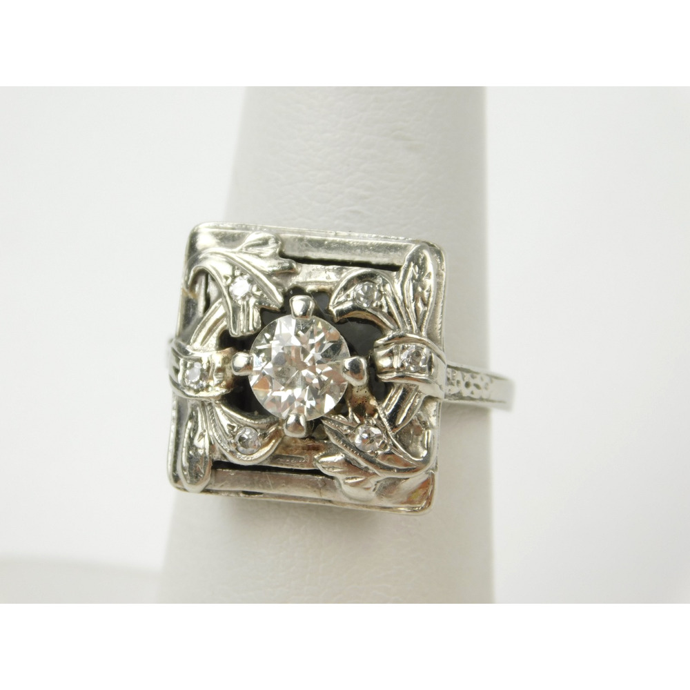 Antique Art Deco 14k White Gold 5.8mm Mine Cut Diamond Leaf Design Ring Sz 6.5